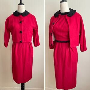 Vintage 60s Mod Custom Red Wool Curly Lamb Fur Trim Dress Coat Set XS 0-2